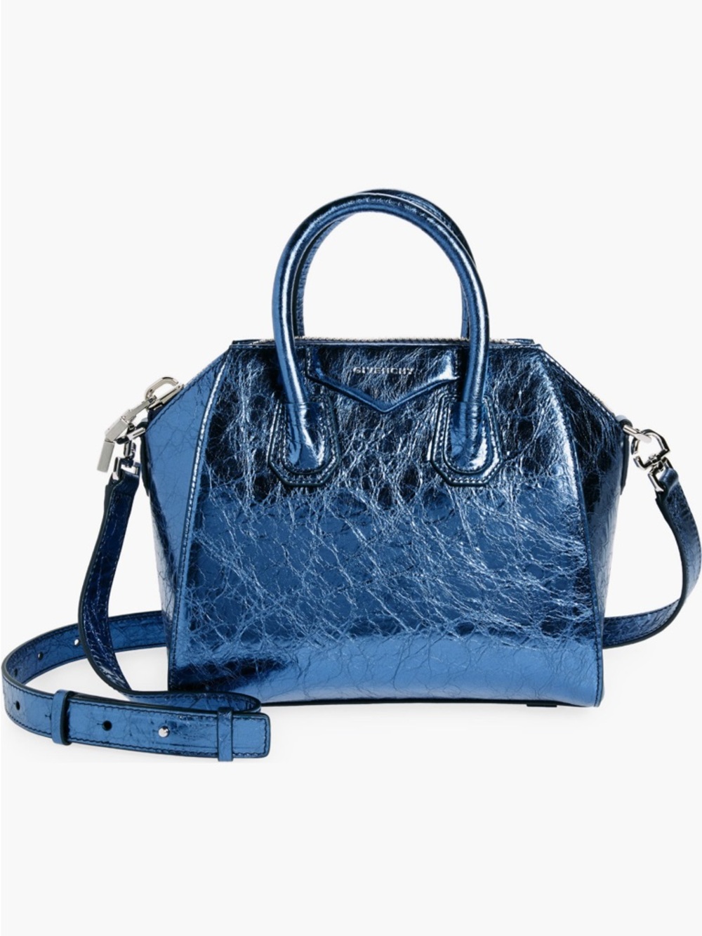 Givenchy Antigona Mini Blue Metallic Leather Shoulder Bag Tote NWOT $2,250